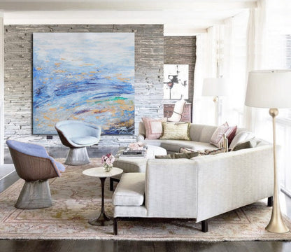 Tranquil Blue Waves: Abstract Oil Painting for Serene Home Décor