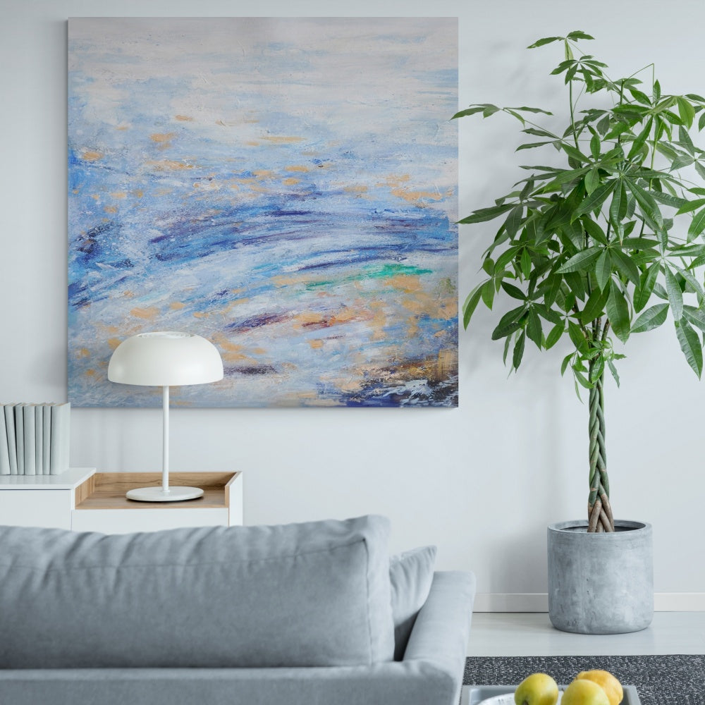 Tranquil Blue Waves: Abstract Oil Painting for Serene Home Décor