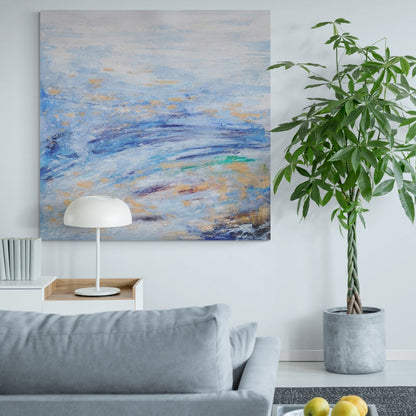 Tranquil Blue Waves: Abstract Oil Painting for Serene Home Décor