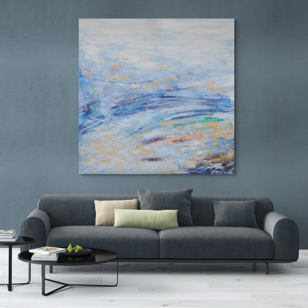 Tranquil Blue Waves: Abstract Oil Painting for Serene Home Décor