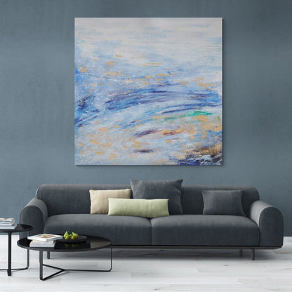 Tranquil Blue Waves: Abstract Oil Painting for Serene Home Décor
