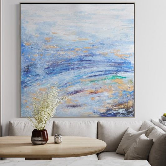 Tranquil Blue Waves: Abstract Oil Painting for Serene Home Décor