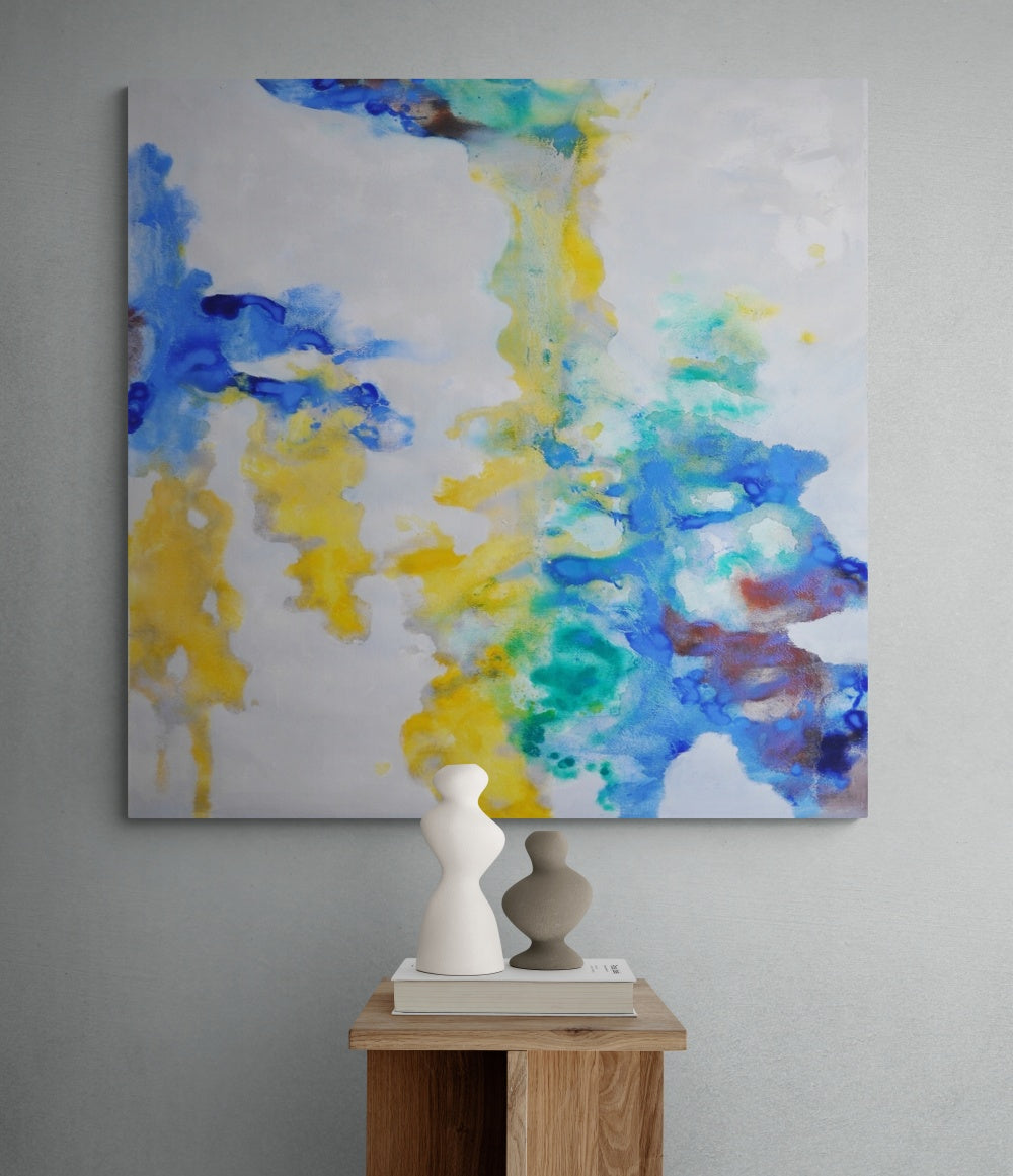 Vibrant Abstract Oil Painting with Blue and Yellow Brushstrokes for Modern Decor