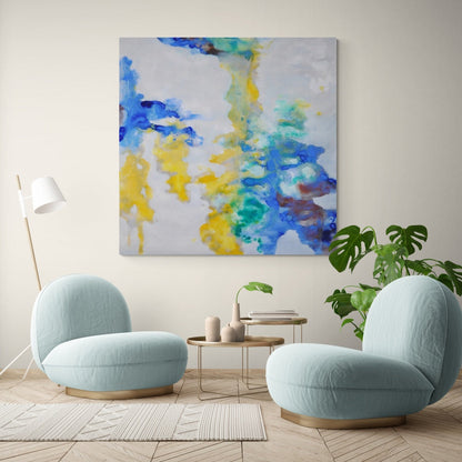 Vibrant Abstract Oil Painting with Blue and Yellow Brushstrokes for Modern Decor