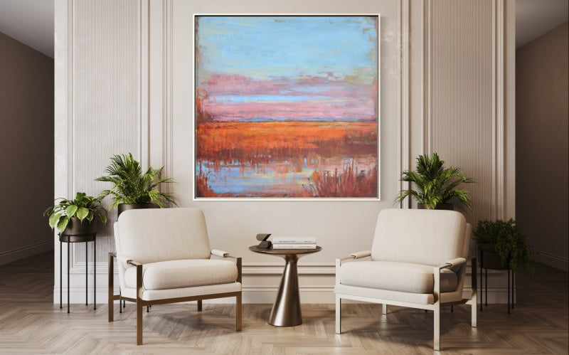 Vibrant Sunset Over Tranquil Marshlands - Abstract Oil Painting