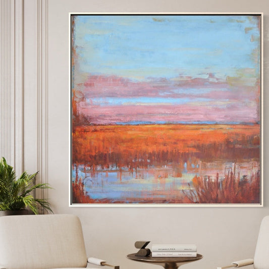 Vibrant Sunset Over Tranquil Marshlands - Abstract Oil Painting