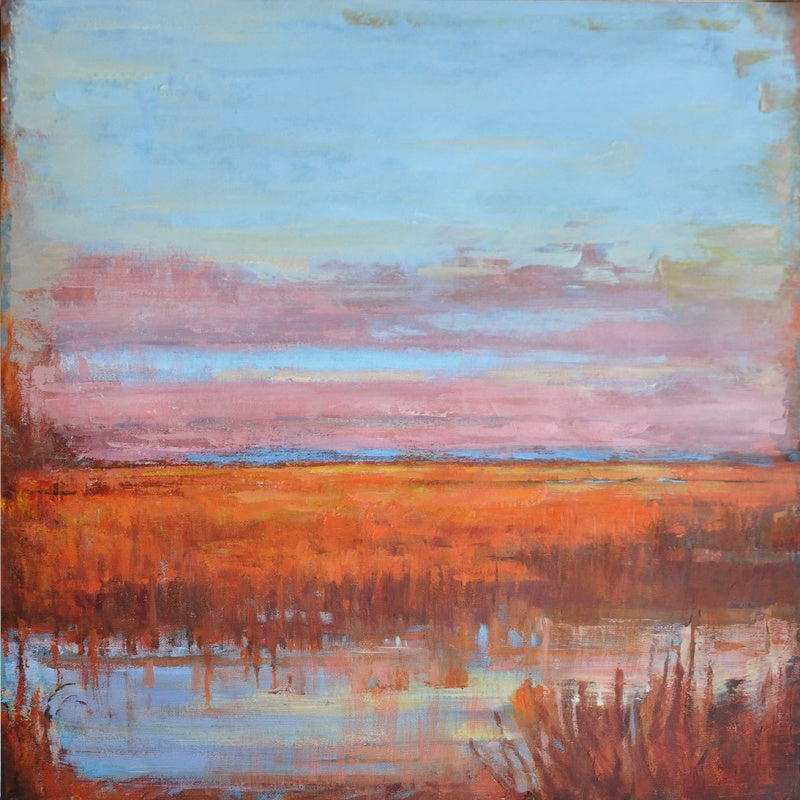 Vibrant Sunset Over Tranquil Marshlands - Abstract Oil Painting