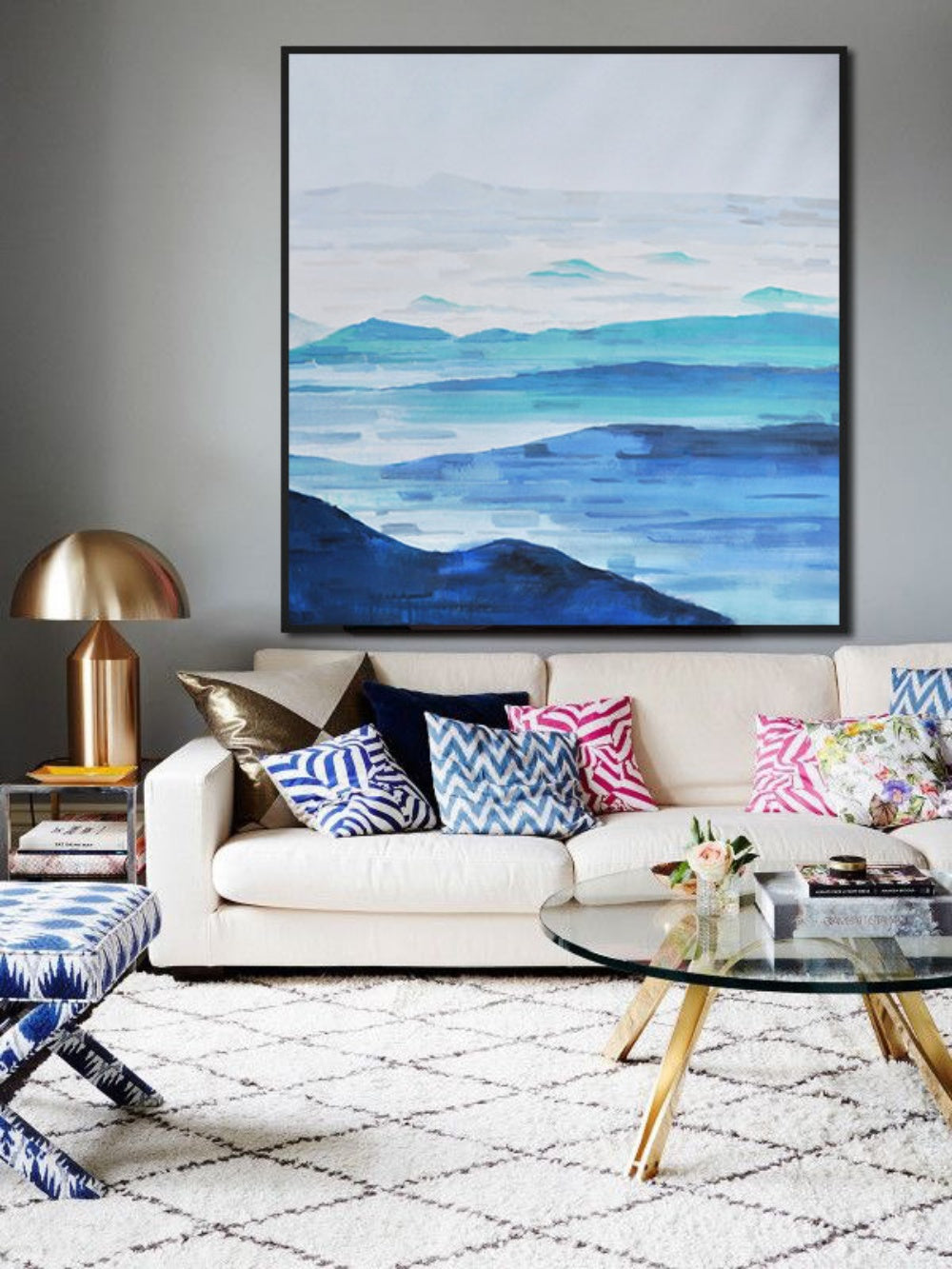 Serene Coastal Landscape Oil Painting – Tranquil Blue Seascape Art for Home Decor