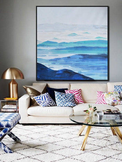 Serene Coastal Landscape Oil Painting – Tranquil Blue Seascape Art for Home Decor