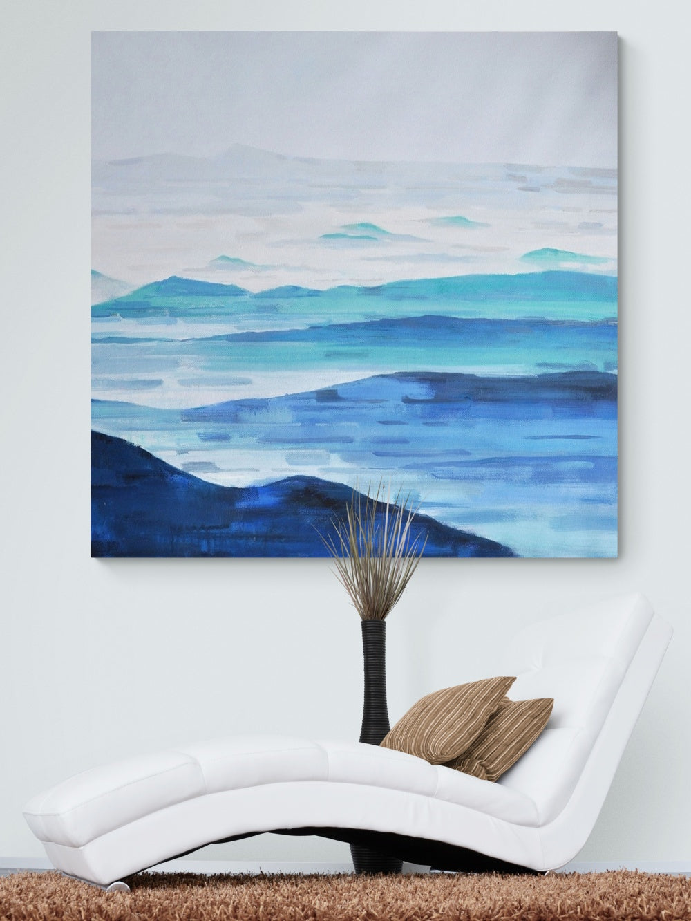 Serene Coastal Landscape Oil Painting – Tranquil Blue Seascape Art for Home Decor