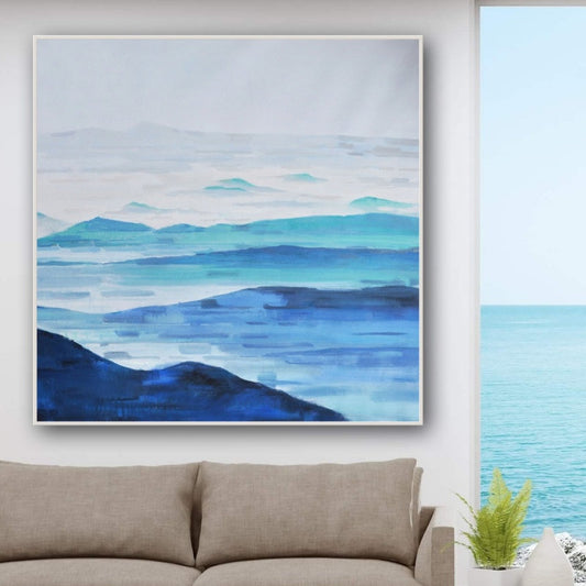 Serene Coastal Landscape Oil Painting – Tranquil Blue Seascape Art for Home Decor