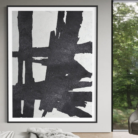 Dynamic Black and White Abstract Oil Painting for Modern Home Decor