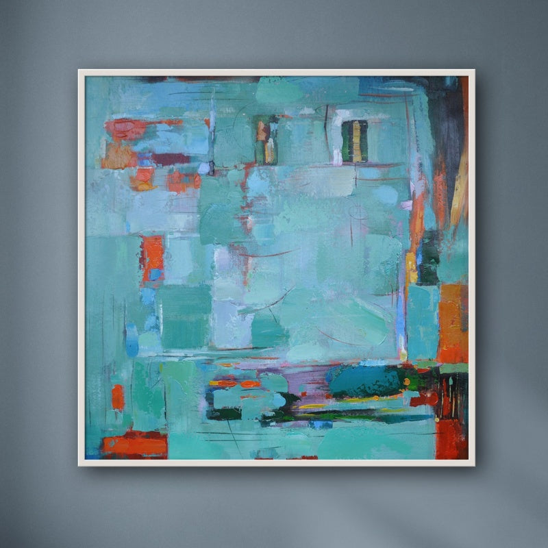 Serene Abstract Oil Painting with Teal and Orange Hues for Modern Home Decor