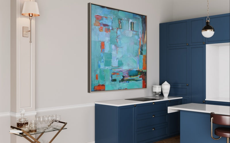 Serene Abstract Oil Painting with Teal and Orange Hues for Modern Home Decor