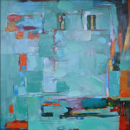 Serene Abstract Oil Painting with Teal and Orange Hues for Modern Home Decor