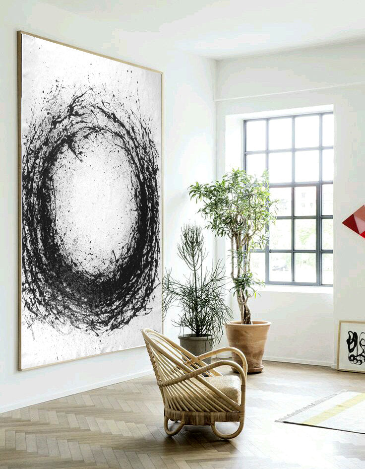 Abstract Black and White Circular Oil Painting for Modern Home Decor