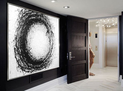 Abstract Black and White Circular Oil Painting for Modern Home Decor