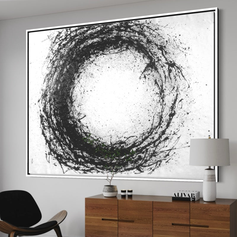 Abstract Black and White Circular Oil Painting for Modern Home Decor