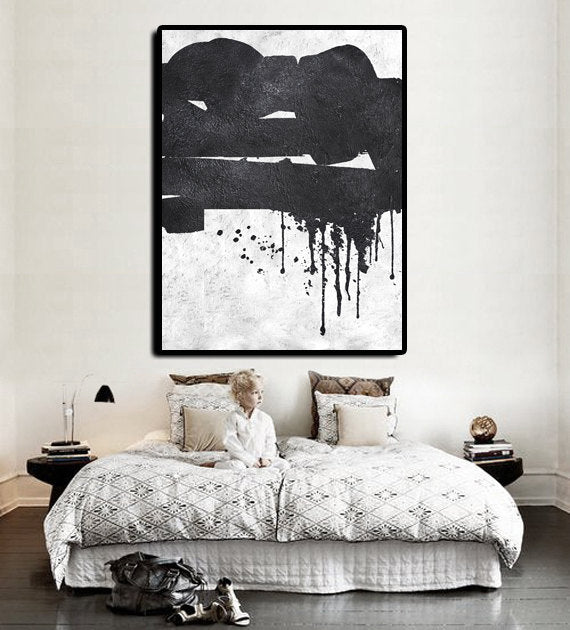 Abstract Black and White Oil Painting with Drips and Textured Canvas