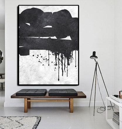 Abstract Black and White Oil Painting with Drips and Textured Canvas