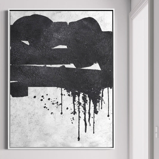 Abstract Black and White Oil Painting with Drips and Textured Canvas