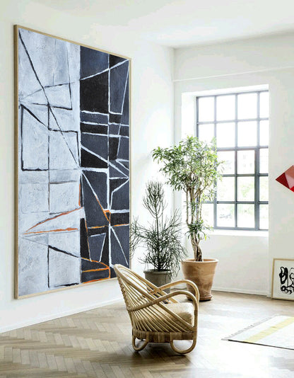 Abstract Cubist Oil Painting with Geometric Shapes and Monochrome Palette