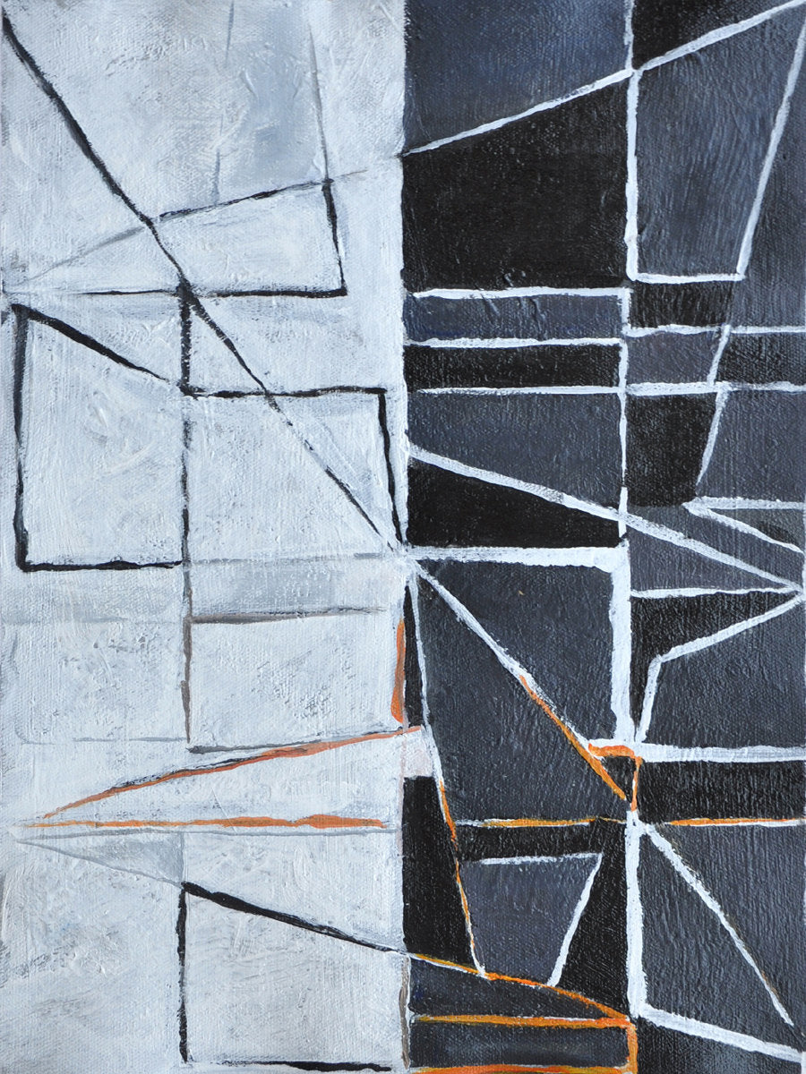 Abstract Cubist Oil Painting with Geometric Shapes and Monochrome Palette