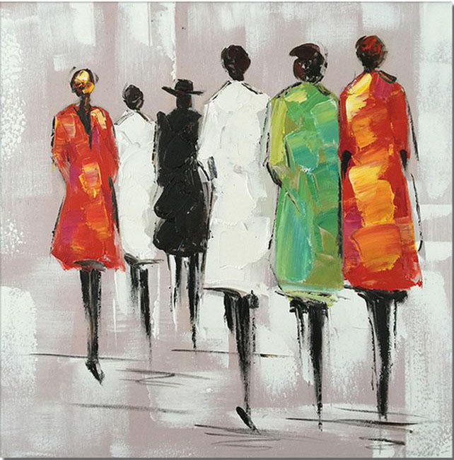 Vibrant Abstract Oil Painting of Mysterious Figures Walking in Colorful Attire