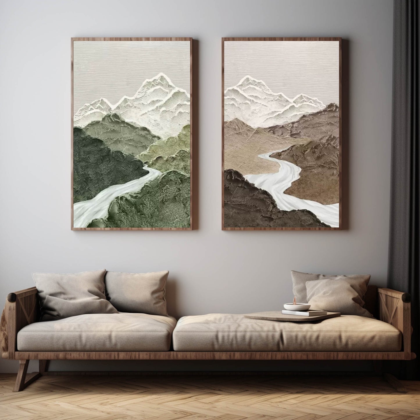 Serene Mountain River Oil Painting Diptych for Elegant Home Decor