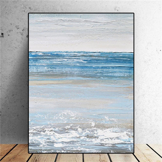 Serene Coastal Landscape Oil Painting of Tranquil Blue Waters and Sandy Shores