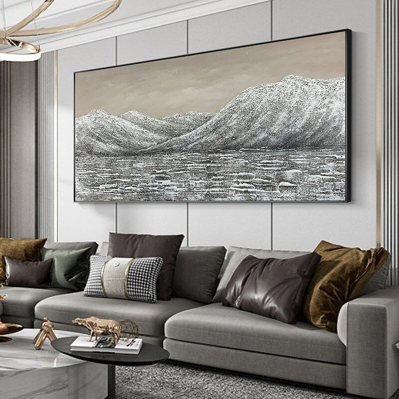 Serene Mountain Landscape Oil Painting in Muted Tones for Elegant Home Decor