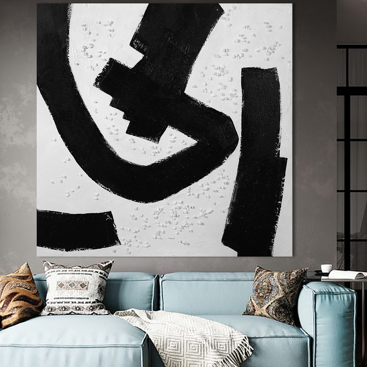 Abstract Black and White Textured Oil Painting for Modern Home Decor