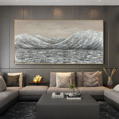 Serene Mountain Landscape Oil Painting in Muted Tones for Elegant Home Decor