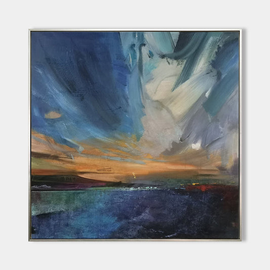 Vibrant Blue Coastal Sunset Oil Painting for Coastal Decor