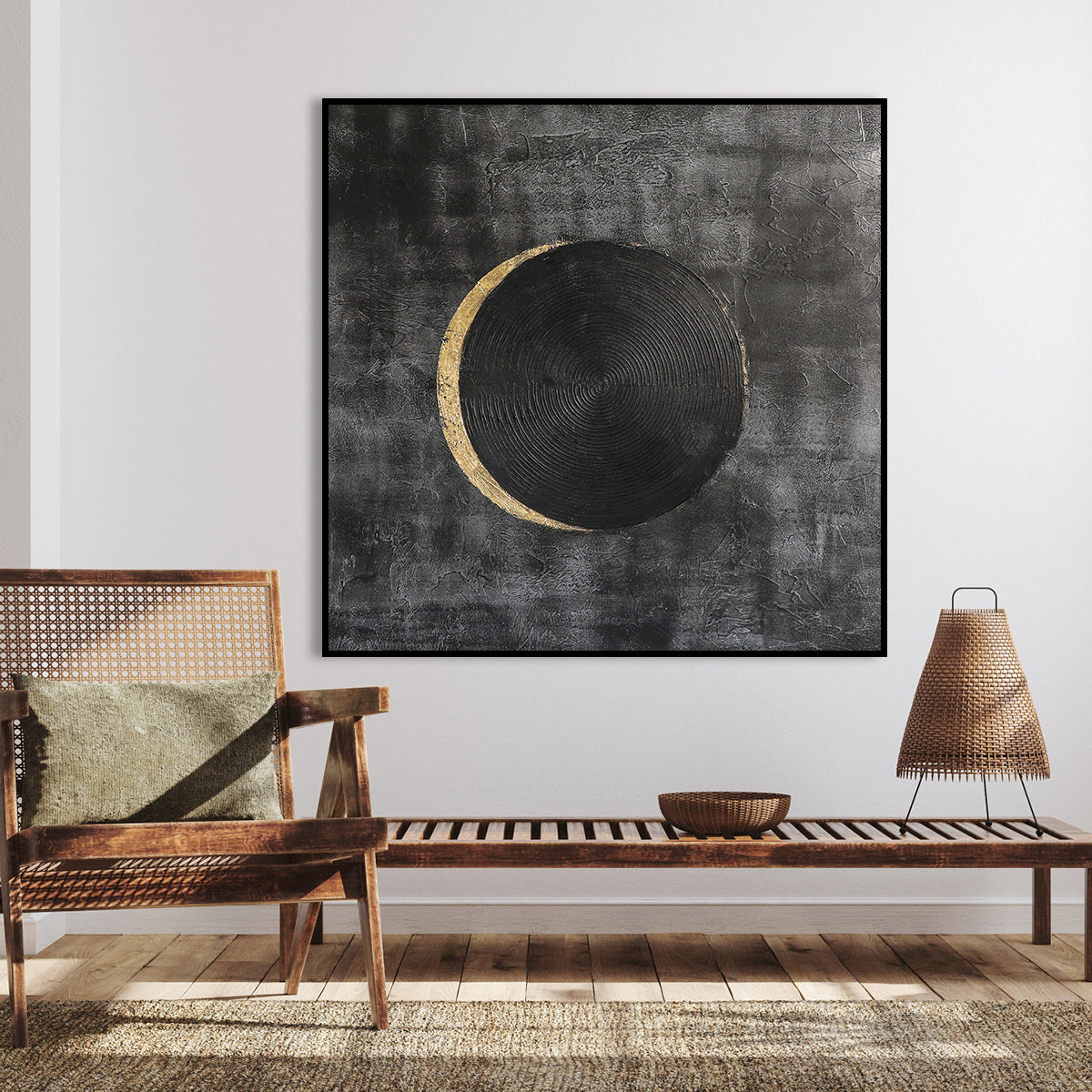 Abstract Black Planet Oil Painting with Textured Finish for Modern Decor