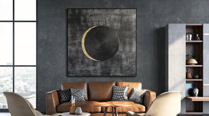 Abstract Black Planet Oil Painting with Textured Finish for Modern Decor