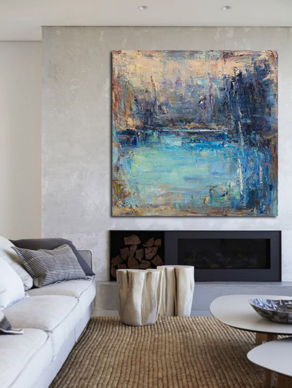 Tranquil Blue Waters Abstract Oil Painting for Serene Home Décor