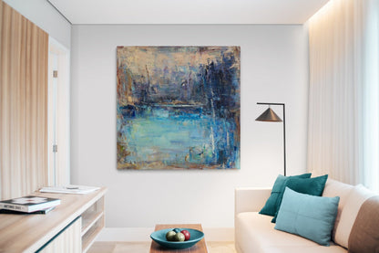 Tranquil Blue Waters Abstract Oil Painting for Serene Home Décor