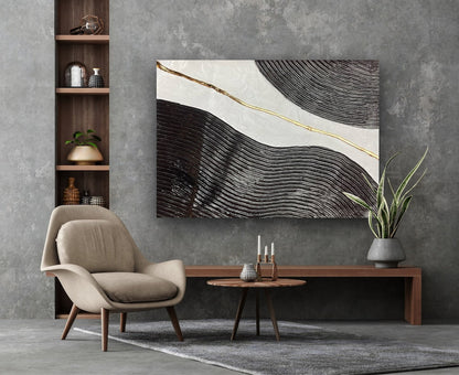 Abstract Black and White Oil Painting with Gold Accent on Canvas