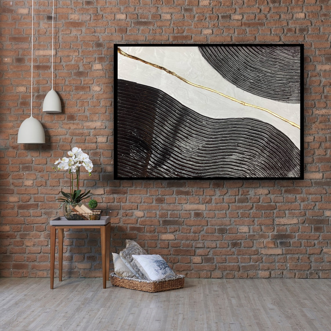 Abstract Oil Painting of Earthy Waves with Gold Accent for Modern Home Decor