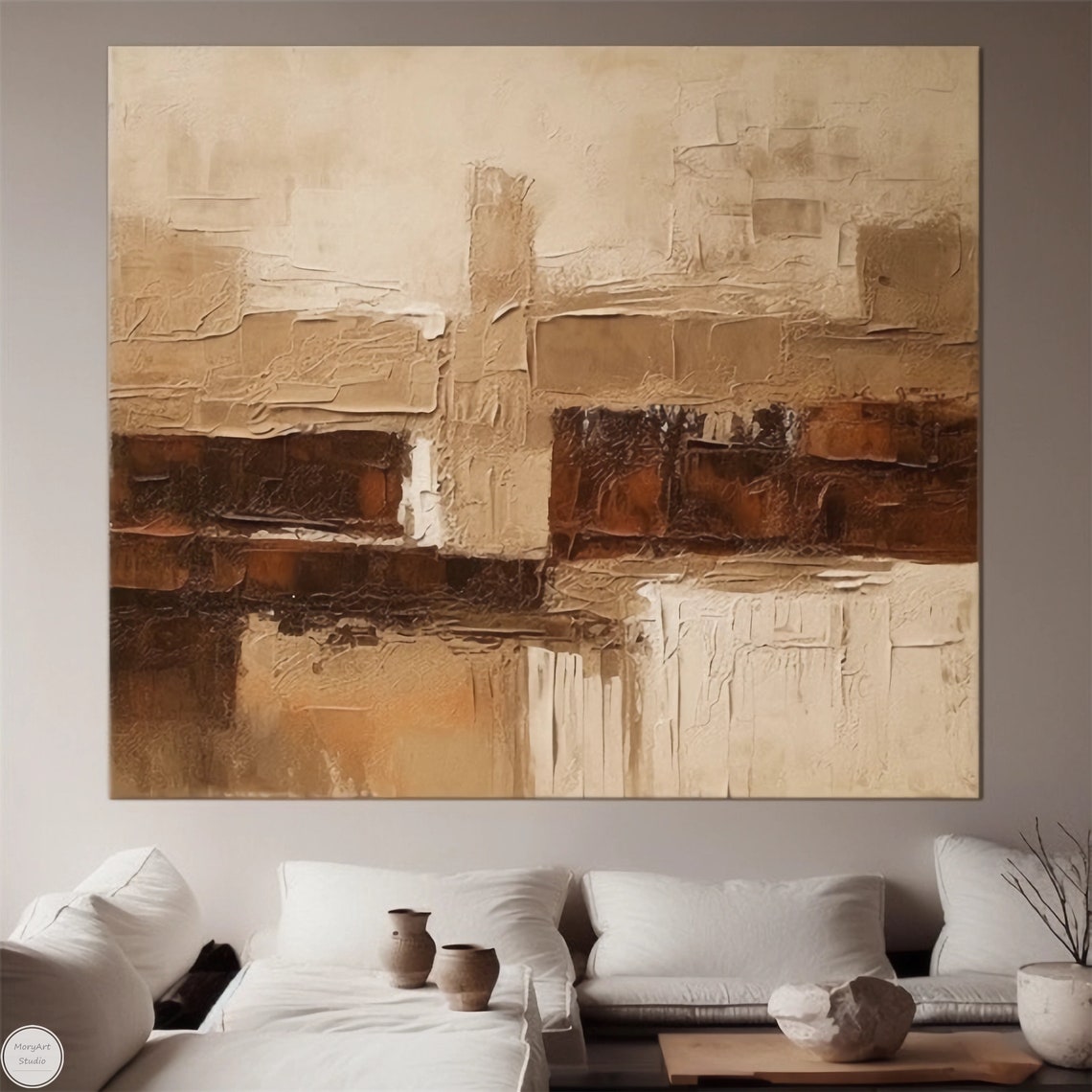 Tranquil Earth Tones: Abstract Oil Painting for Modern Home Decor