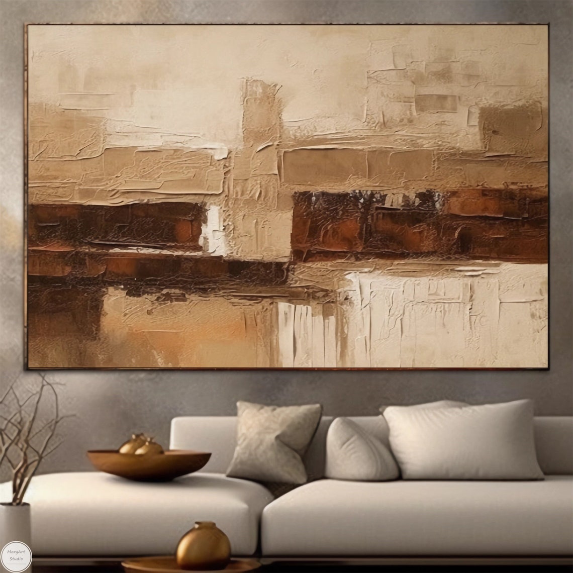 Tranquil Earth Tones: Abstract Oil Painting for Modern Home Decor