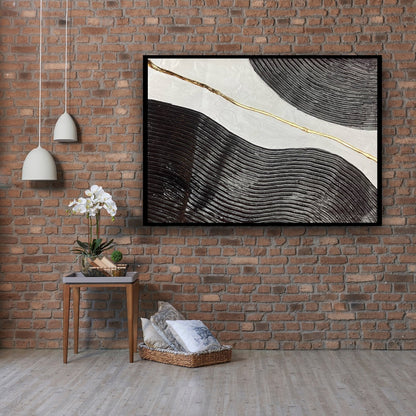 Abstract Black and White Waves with Gold Accent Oil Painting for Modern Decor