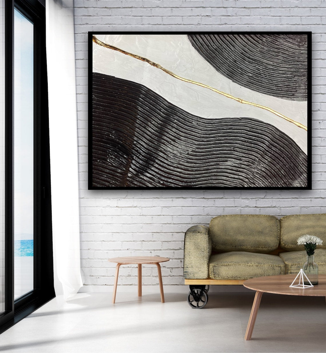 Abstract Black and White Waves with Gold Accent Oil Painting for Modern Decor