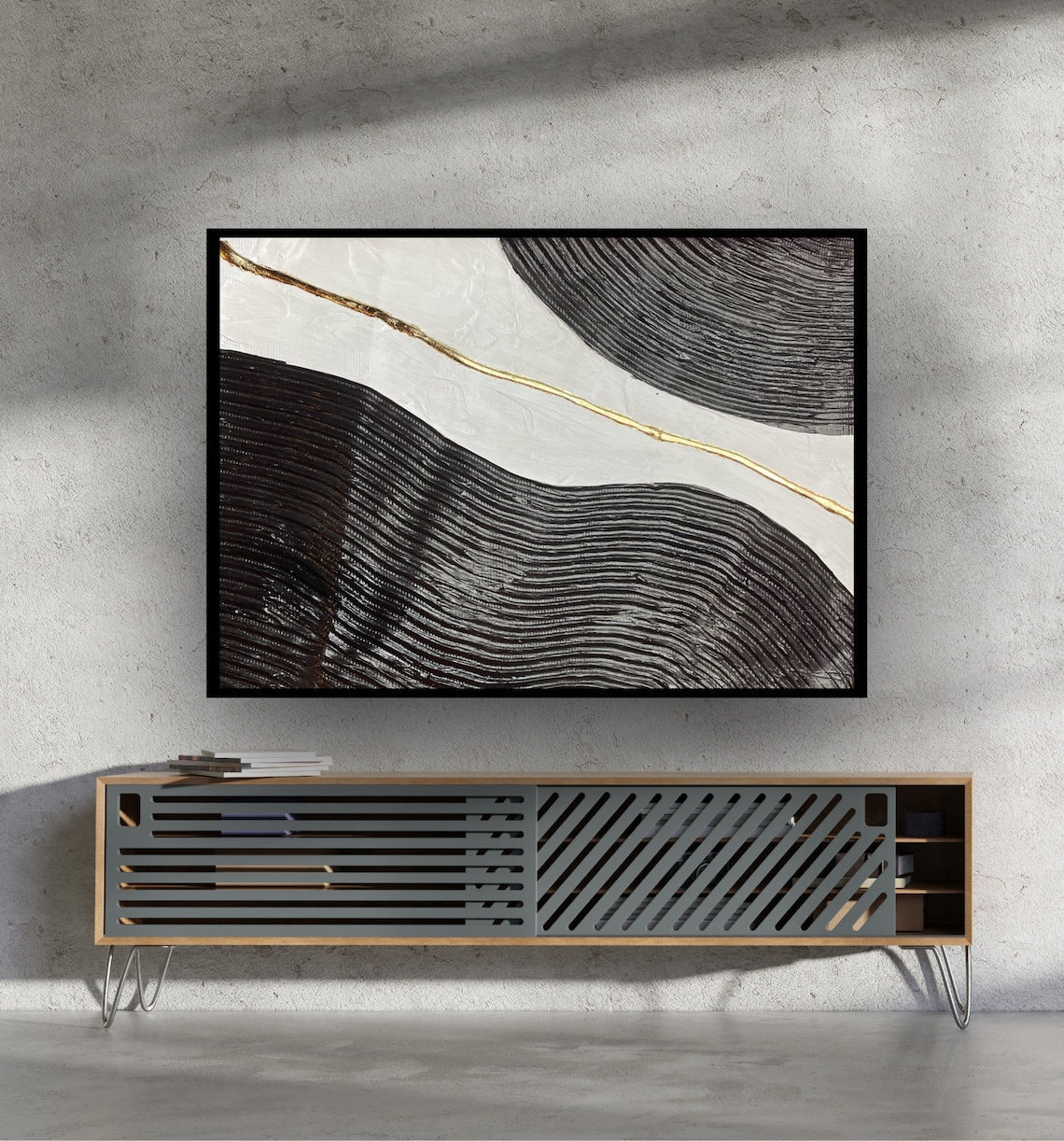 Abstract Black and White Waves with Gold Accent Oil Painting for Modern Decor