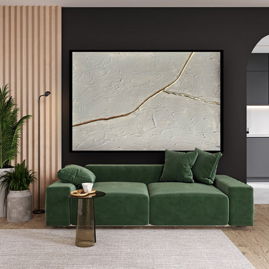 Abstract White Textured Oil Painting with Elegant Gold Line Accent