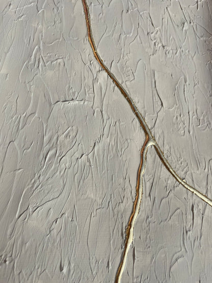 Abstract White Textured Oil Painting with Elegant Gold Line Accent