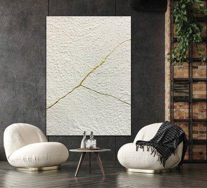 Abstract White Textured Oil Painting with Elegant Gold Line Accent