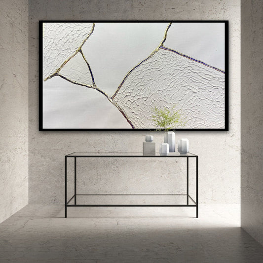 Abstract Oil Painting of Ethereal Fractures with Textured White and Gold Details