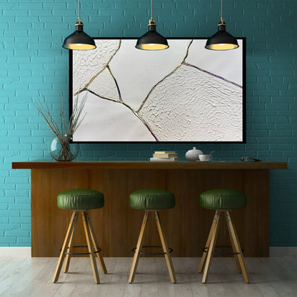 Abstract Oil Painting of Ethereal Fractures with Textured White and Gold Details